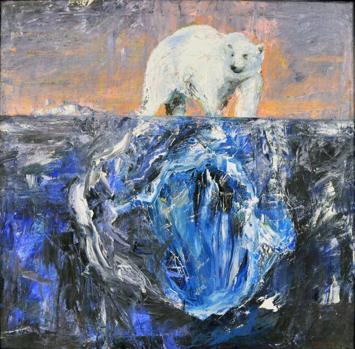 Painting of a polar bear on a blue iceberg.